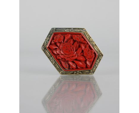 A White Metal Filigree Mounted Cinnabar Lacquer Oriental Brooch, Central Asymmetric Lozenge Panel decorated with Peonies, 49m