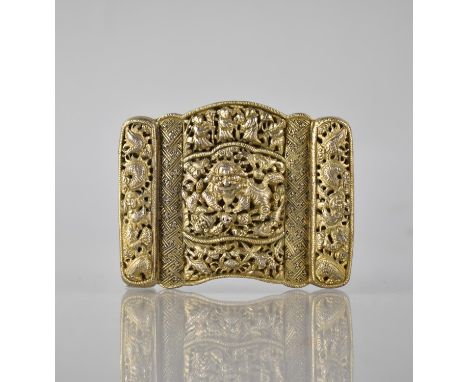 A 19th Century Chinese Silver Gilt Buckle, Now Converted to Brooch, Raised and Embossed Filigree Work Depicting Foo Dog to Ce