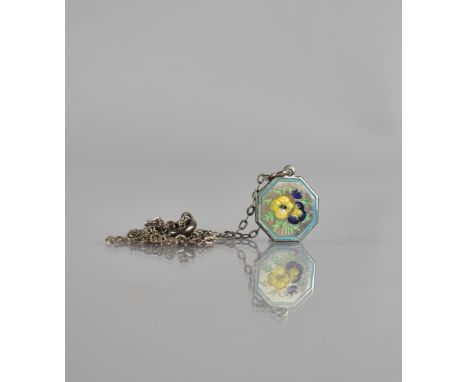A Small Octagonal Silver Enamelled Pendant on Chain, Pansies in Yellow and Purple, Green Foliage with Pale Blue Enamel Frame,