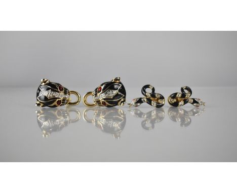 Two Pairs of Vintage Clip On Earrings, Pierre Cardin Serpents, Gilt and Black Enamel together with Unbranded Leopard Heads, L