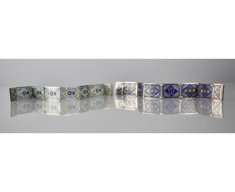 A Matched Pair of Two Champleve Enamel White Metal Panel Bracelets, Possibly 19th Century, Each Bracelet with Six Panels and 