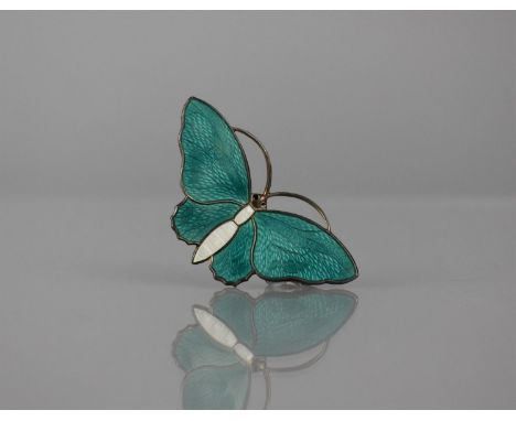 Askel Holmsen: A Mid Century Silver and Enamel Norwegian Brooch in the Form of a Butterfly, Guilloche Azure Enamel over Textu
