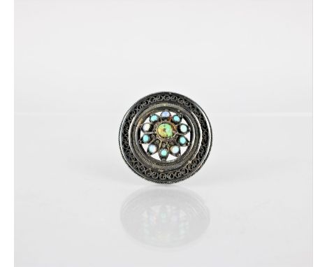 A Circular White Metal, Turquoise and Opal Brooch, Petit Point in Style, Central Green Turquoise Cabochon Measuring 7mm Wide 
