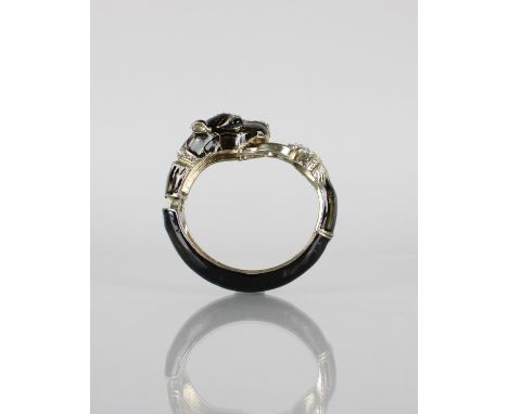 A Vintage Hinged Cuff Bracelet, Panthers Head and Hoop, 1980s or Earlier, Black Enamel and White Stone Embellishments, Intern