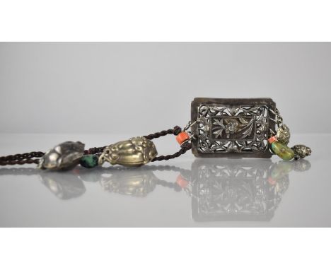A Chinese White Metal Pendant on Corded Necklace, Rectangular Pierced Panel (43mm x 60mm) Decorated in Relief with Blossom, B
