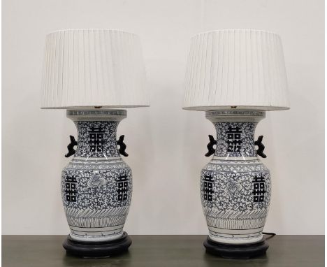 TABLE LAMPS, a pair, Chinese export style blue and white ceramic, with shades, 60cm H. (2) 