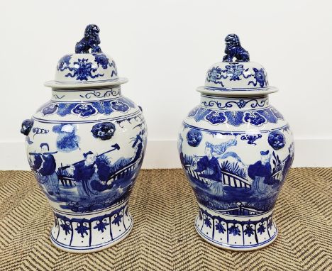 TEMPLE JARS, a pair, blue and white ceramic, 52cm H x 28cm W. (2) 