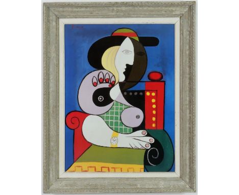 AFTER PABLO PICASSO, 'Seated woman', signed in the plate, large quadrichrome, French vintage frame, 60cm x 42cm. 