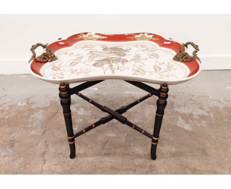 TRAY TABLE, Regency style ceramic and gilt metal handled tray on black and gilt painted base, 57cm H x 78cm W x 52cm D. 
