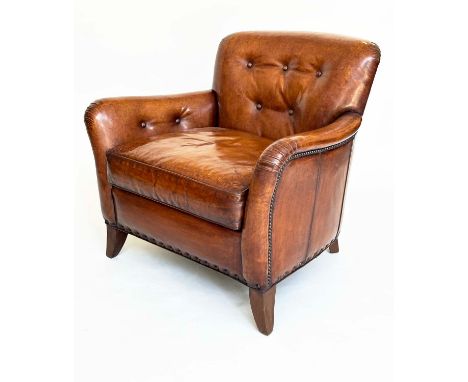 LIBRARY ARMCHAIR BY HANCOCK AND MOORE, club form hand finished soft tan brown leather with rounded back, button detail, brass