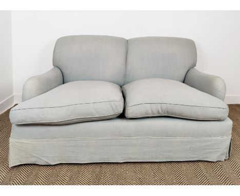 SOFA, Howard style in light blue fabric on beech legs and castors, 90cm H x 150cm W x 107cm D. 