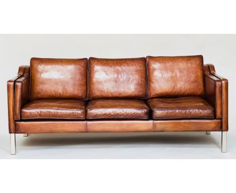 DANISH SOFA, three seater hand finished mid-brown grained leather, 82cm H x 200cm W x 81cm D. 