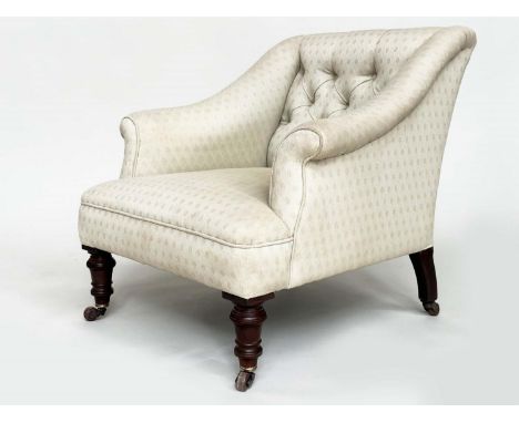 ARMCHAIR, Victorian woven ecru cotton upholstered with deep button back and turned supports, 71cm H x 72cm W. 