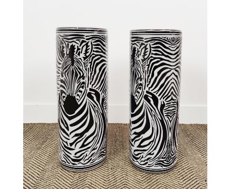 STICK STANDS, a pair, zebra design ceramic, 60cm H x 22cm W. (2) 