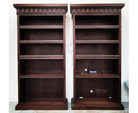 BOOKCASES, a pair, with later added electrical and light functions, 130cm W x 42.5cm D x 251.5cm H approx. each. (2) 