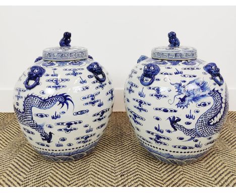 GINGER JARS, a pair, blue and white ceramic, 43cm H x 34cm W. (2) 