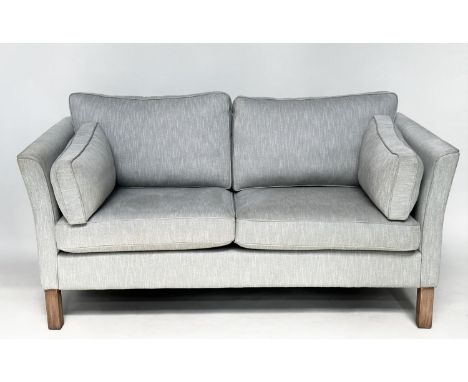 DANISH SOFA, 1970s style grey linen upholstered two seater, with teak supports, 167cm W. 