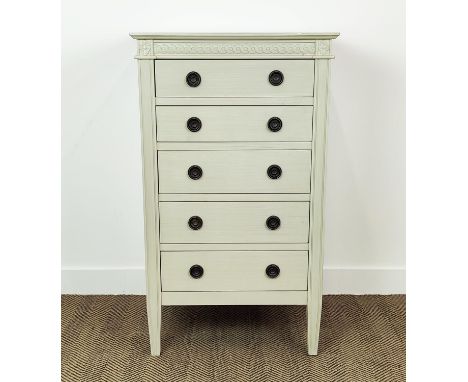 CHEST, Gustavian style, light grey painted with five drawers on tapered supports, 113cm H x 65cm W x 47cm D. 