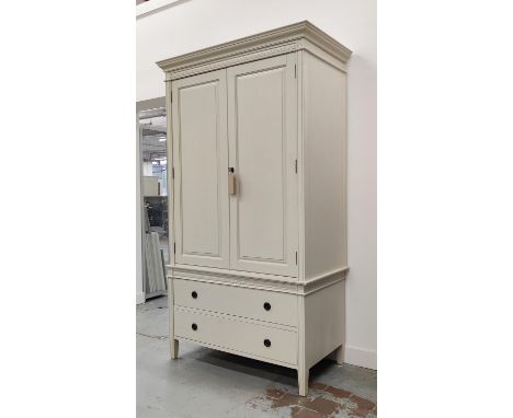 LINEN PRESS, Gustavian style, light grey painted, with cupboard doors enclosed fitted hanging rail over two long drawers, 215