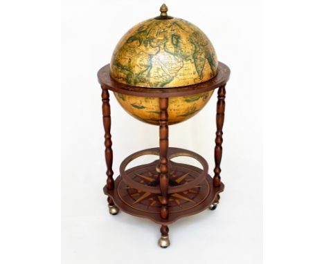 GLOBE COCKTAIL CABINET, in the form of an antique terrestrial globe on stand with rising 'lid' and fitted interior, 94cm H. 