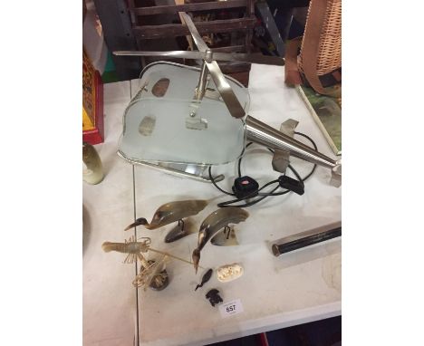 A HELICOPTER LAMP, TWO HORN CARVED BIRDS, SMALL ANIMAL FIGURINES, ETC 