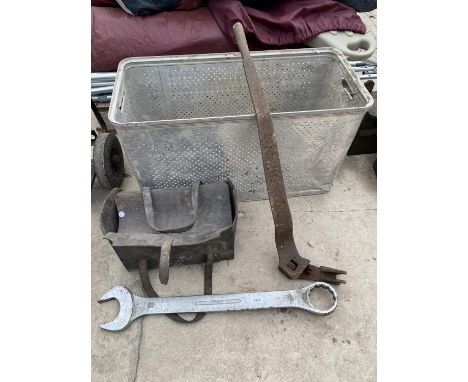 AN ASSORTMENT OF ITEMS TO INCLUDE A LARGE 70MM SPANNER, AN INDUSTRIAL STYLE STORAGE BIN ETC 
