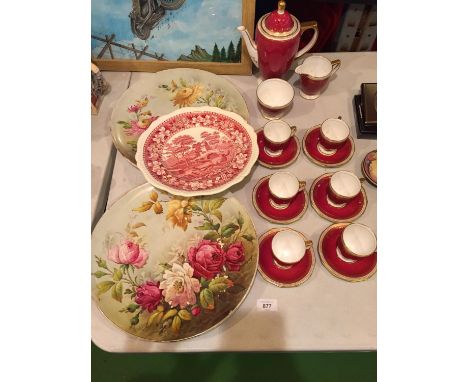 A SPODE 'HYDE' COFFEE SET TO INCLUDE, CUPS, SAUCERS, COFFEE POT, CREAM JUG, SUGAR BOWL, PLUS THREE LARGE PLATES 