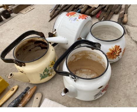 FOUR RETRO FLORAL DECORATED ENAMEL KETTLES 