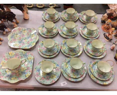 A QUANTITY OF SHELLEY 'MELODY' TEAWARE TO INCLUDE, CUPS, SAUCERS, PLATES, CREAM JUG, ETC 