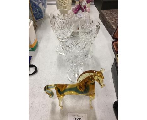 A PAIR OF SHUDEHILL CERAMIC BUD VASES, AN AMBER GLASS PONY, DRINKING GLASSES ETC. 