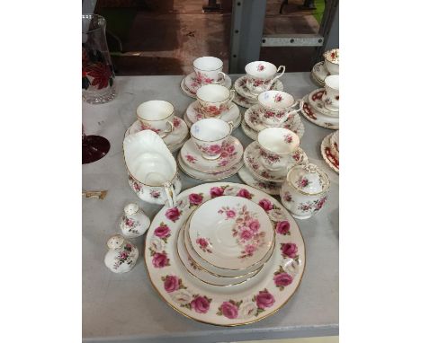 A QUANTITY OF ROYAL SUTHERLAND CHINA TO INCLUDE, CUPS, SAUCERS, PLATES, ALSO ROYAL ALBERT 'LAVENDER ROSE' TRIOS, CONDIMENTS, 