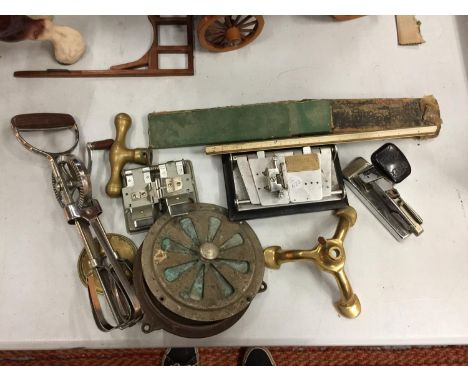 TWO VINTAGE FILM SPLICERS, STAPLER, SLIDE RULE, ETC 
