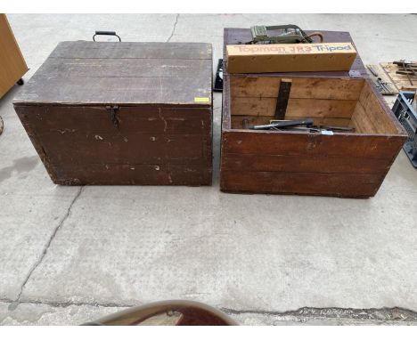 TWO WOODEN TOOL STORAGE CHESTS TO INCLUDE AN ASSORTMENT OF TOOLS, HAMMERS AND SPANNERS ETC 