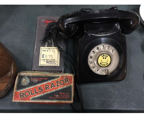 A BLACK ROTARY DIAL TELEPHONE, A BOXED ROLLS RAZOR AND FURTHER CASED ROTRING CENTRO COMPASS 