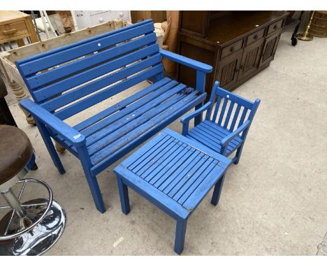 A PAINTED GARDEN BENCH, CHILDS GARDEN CHAIR AND SMALL TABLE 