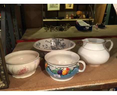 A LARGE TRANSFER PRINTED WASH BOWL, WATER JUG, PLANTER AND CHAMBER POT 