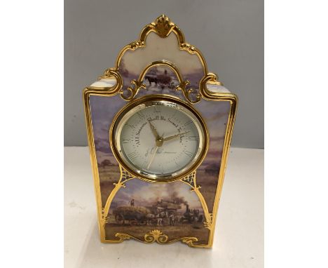 A HEIRLOOM PORCELAIN MANTLE CLOCK WITH PAINTED SHIRE HORSE AND COUNTRY SCENES 