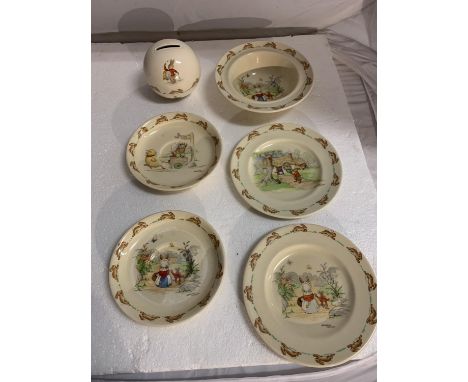 SIX PIECES OF ROYAL DOULTON 'BUNNYKINS' CERAMIC WARE TO INCLUDE A MONEY BOX, BOWL AND TWO SAUCERS 