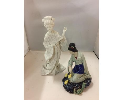 A PAST TIMES MODEL OF A JAPANESE LADY TOGETHER WITH A GLAZED AND CERAMIC JAPANESE LADY WITH BIRDS 