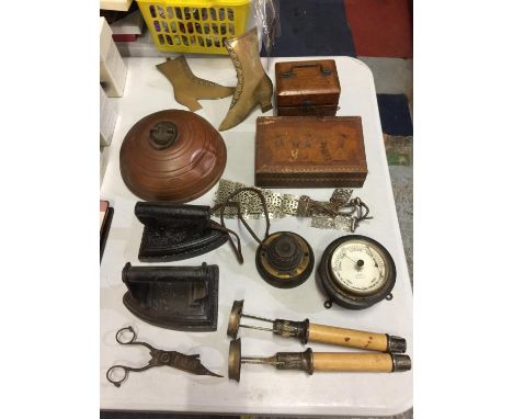 A MIXED GROUP TO INCLUDE TWO VINTAGE CAST IRONS, A WAFAX COPPER BED WARMER, A VINTAGE BAROMETER, A VINTAGE WOODEN BOX HOUSING