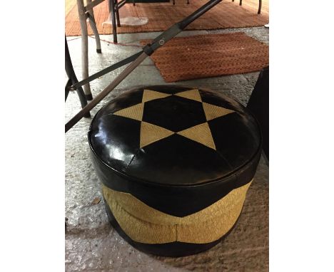 A VINTAGE LEATHER AND FABRIC ROUND POUFFE WITH METAL BUTTON FEET AND HANLEY MAKERS BADGE TO BASE 