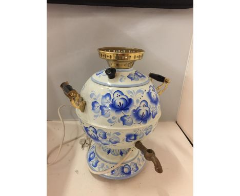 AN ENAMEL BLUE AND WHITE ELECTRIC TEA URN - INCOMPLETE 