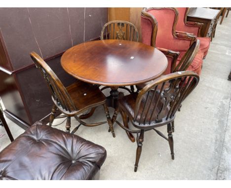 A GEORGE III STYLE OAK TRIPOD TABLE, 36" DIAMETER AND FOUR WINDSOR STYLE CHAIRS WITH CRINOLIN BOWS 