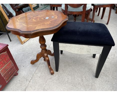 AN ITALIAN INLAID TRIPOD TABLE AND MIRROR AND DRESSING STOOL 