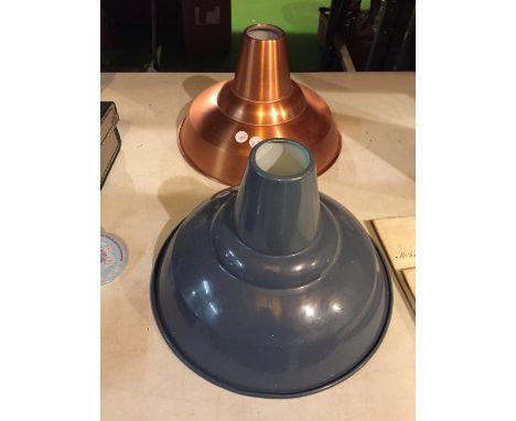 TWO INDUSTRIAL STYLE LAMP SHADES ONE BLUE AND ONE COPPER COLOUR 