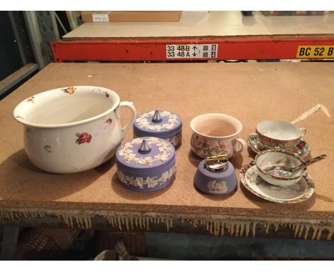 A FLORAL CHAMBERPOT, THREE PIECES OF WEDGWOD JASPERWARE, ORIENTAL STYLE CUPS AND SAUCERS, ETC 