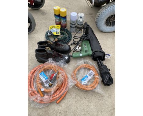 AN ASSORTMENT OF ITEMS TO INCLUDE FLEXIBLE GAS PIPES, MARKER SPRAY AND A HITACHI DRILL ETC 