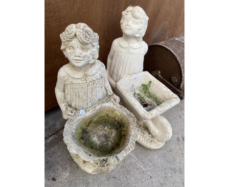 TWO RECONSTITUTED STONE CHERUB FIGURES WITH PLANTER SECTIONS 