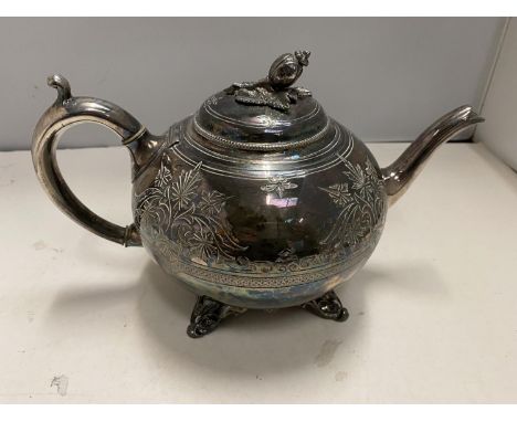 A SHAW AND FISHER SILVER PLATED ORNATE TEAPOT WITH A FLOWER FINIAL 