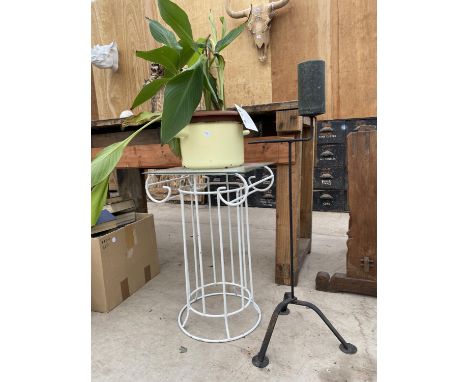 A METAL PLANT STAND WITH AN ENAMEL PAN&nbsp;